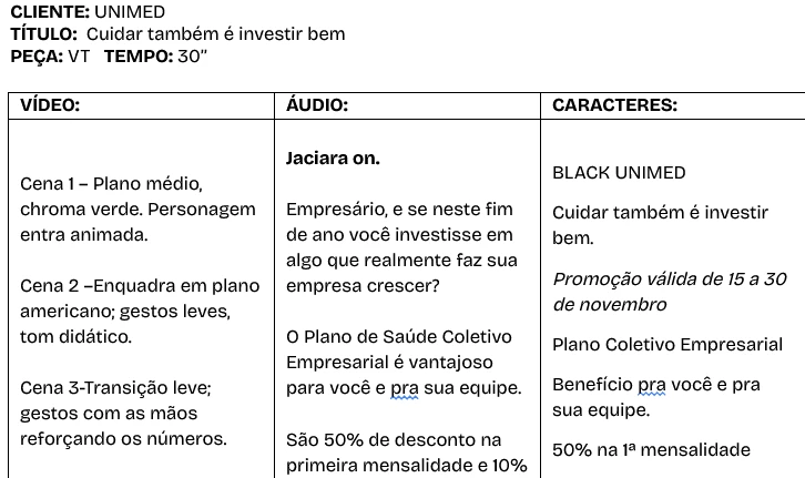 TV script in three columns: video, audio and on-screen text.